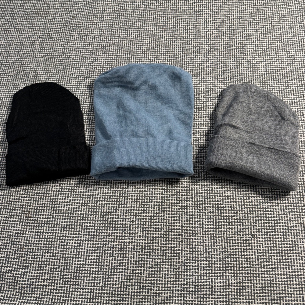 Mens Knit Beanie Hat Bundle Set of 3 Black Blue Gray Cuffed Winter Skull Caps
